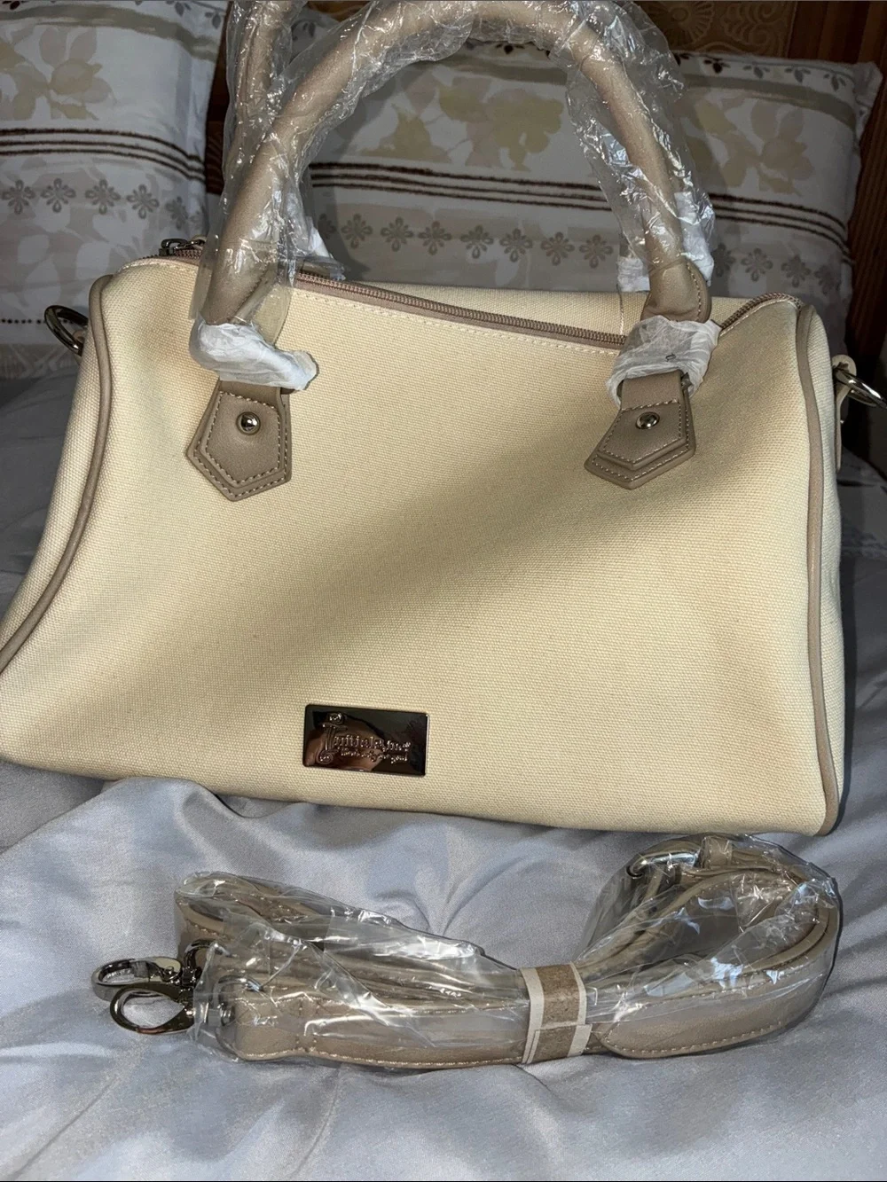 Canvas Satchel Handbag in Cream with Pink Monogram
